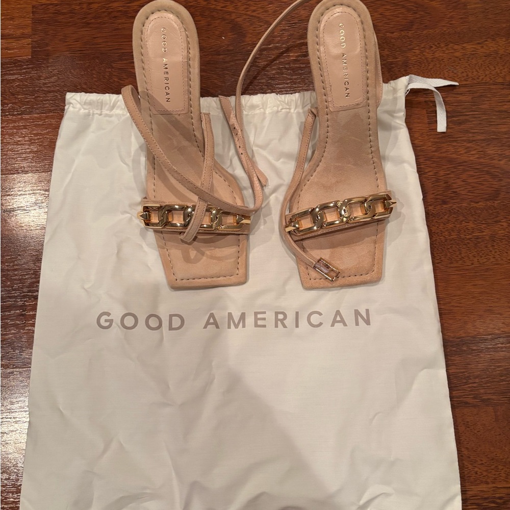 Good American sandals with chain detail and ankle straps. Size 9.5. 3” heel.